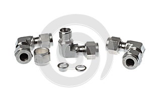 Set of elbow steel couplings for quick metal pipe to pipe connection, isolated on white background