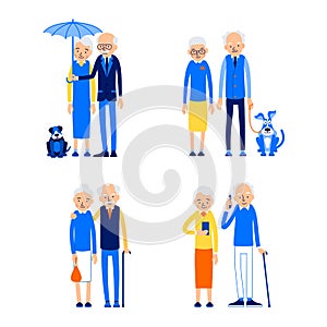 Set elderly couple. Happy retirement concept. Holiday leisure. Love, romance relationship. Caucasian people outdoor. Aged cute