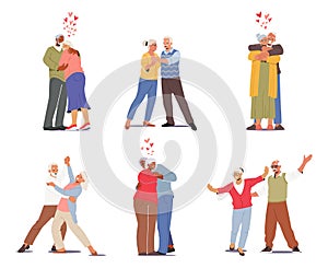 Set Elderly Couples In Love. Senior People Romantic Loving Relations. Happy Old Men And Women Dance, Embracing