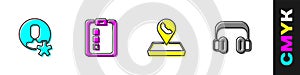 Set Elected employee, Online quiz, test, survey, Call center location and Headphones icon. Vector photo