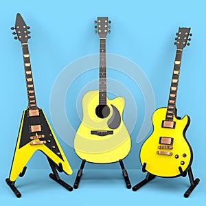 Set of electric acoustic guitar isolated on blue background.