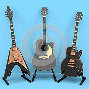 Set of electric acoustic guitar isolated on blue background.