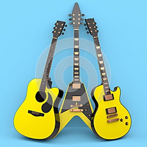 Set of electric acoustic guitar isolated on blue background.