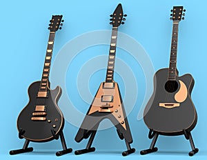 Set of electric acoustic guitar isolated on blue background.