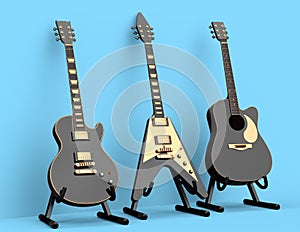 Set of electric acoustic guitar isolated on blue background.