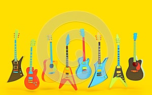 Set of electric acoustic guitars isolated on multicolor background.