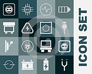 Set Electric cable, Electrical outlet, USB cord, circuit scheme, High voltage, Fuse, and light switch icon. Vector