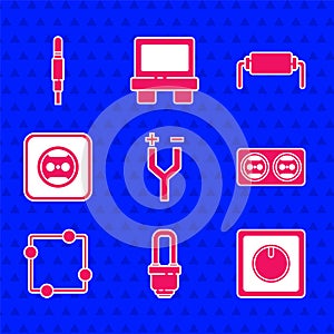 Set Electric cable, LED light bulb, switch, Electrical outlet, circuit scheme, Resistor electricity and Audio jack icon