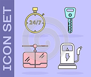 Set Electric car charging station, Stopwatch 24 hours, Cable car and Car key icon. Vector