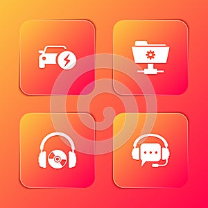 Set Electric car, FTP settings folder, Headphones and CD or DVD and with speech bubble icon. Vector