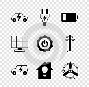 Set Electric car, plug, Battery, Smart house and light bulb, Wind turbine, Solar energy panel and Power button icon