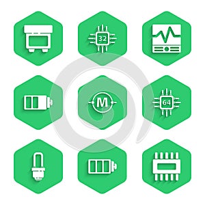 Set Electric circuit scheme, Battery charge level indicator, Processor with microcircuits CPU, LED light bulb