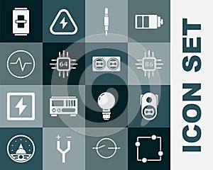 Set Electric circuit scheme, Electrical outlet, Processor with microcircuits CPU, Audio jack, light switch and icon