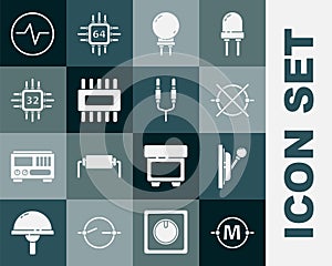 Set Electric circuit scheme, Electrical panel, Light emitting diode, Processor with microcircuits CPU, and Audio jack