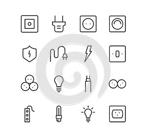 Set of electric and energy icons, cable, plug, switch, socket, bulb.