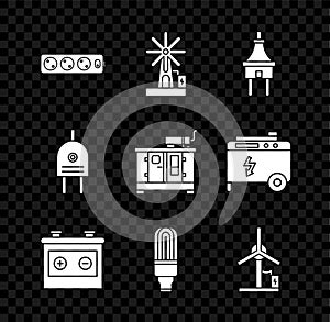 Set Electric extension cord, Wind turbine, plug, Car battery, LED light bulb, and Diesel power generator icon. Vector