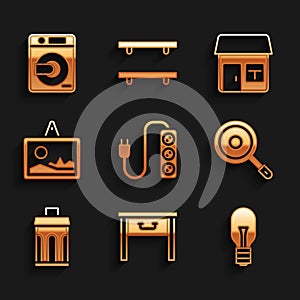 Set Electric extension, Furniture nightstand, Light bulb, Frying pan, Trash can, Picture, House and Washer icon. Vector