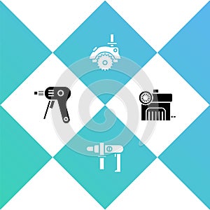 Set Electric hot glue gun, drill machine, circular saw and Air compressor icon. Vector