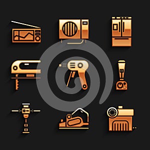 Set Electric hot glue gun, planer tool, Air compressor, Blender, Construction jackhammer and jigsaw icon. Vector