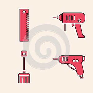 Set Electric hot glue gun, Ruler, Electric drill machine and Snow shovel icon
