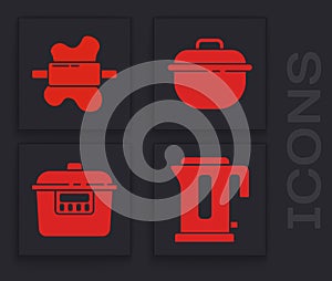 Set Electric kettle, Rolling pin on dough, Cooking pot and Slow cooker icon. Vector