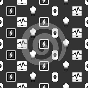 Set Electric light switch, Electrical measuring instruments, Lightning bolt and Light emitting diode on seamless pattern