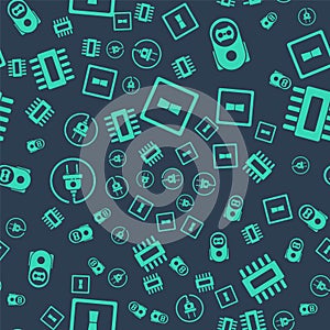 Set Electric light switch, Electrical outlet, Electric plug and Processor with microcircuits CPU on seamless pattern