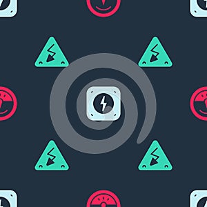 Set Electric meter, Lightning bolt and High voltage on seamless pattern. Vector