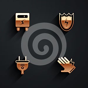 Set Electric meter, Lightning and shield, plug and glove icon with long shadow. Vector