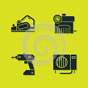 Set Electric planer tool, Air conditioner, cordless screwdriver and compressor icon. Vector