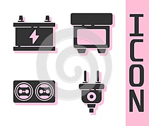 Set Electric plug, Car battery, Electrical outlet and Fuse icon. Vector