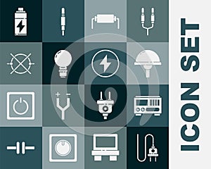 Set Electric plug, Electrical measuring instruments, Light emitting diode, Resistor electricity, bulb with concept of