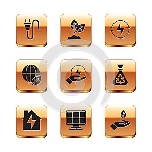 Set Electric plug, House and lightning, Solar energy panel, Lightning bolt, Earth globe leaf, Plant hand and icon