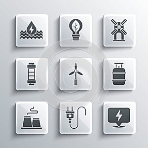 Set Electric plug, Lightning bolt, Propane gas tank, Wind turbine, Factory, Battery, Water energy and icon. Vector