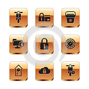 Set Electric scooter, Retro wall watch, Cloud computing lock, Lock, FTP folder and and Cooler bag icon. Vector