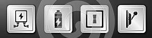Set Electric transformer, Battery, Electric light switch and Electrical panel icon. Silver square button. Vector