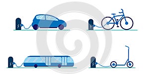 Set of electric transport. A bicycle, a scooter, a bus and a car are charged via cable at the power station. Eco