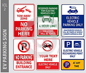 set of electric vehicle EV parking and prohibited sign. 3D Illustration.