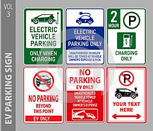 set of electric vehicle EV parking and prohibited sign. 3D Illustration.