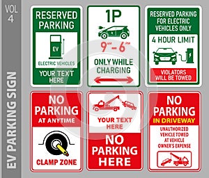 set of electric vehicle EV parking and prohibited sign. 3D Illustration.