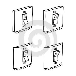 Set of electric wall switch in ON and OFF mode. Hand drawn sketch, isolated on white. Vector