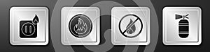 Set Electric wiring of socket in fire, Fire flame, No fire and Fire extinguisher icon. Silver square button. Vector