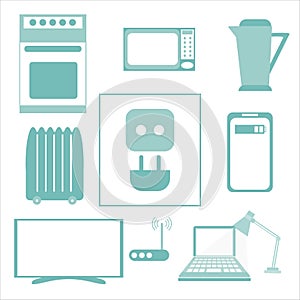 Set of electrical appliances for home office. Stove, kettle, heating, computer, mobile phone, lamp, router are necessary items