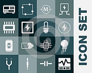 Set Electrical measuring instruments, Light emitting diode, Lightning bolt, circuit scheme, Processor with microcircuits