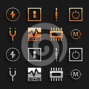 Set Electrical measuring instruments, light switch, circuit scheme, Processor with microcircuits CPU, cable, Audio jack