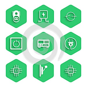 Set Electrical measuring instruments, panel, Processor with microcircuits CPU, plug, light switch, scheme and outlet