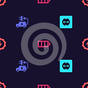 Set Electrical outlet, car, Battery and Lightning bolt on seamless pattern. Vector