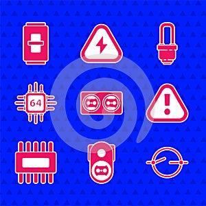 Set Electrical outlet, circuit scheme, Exclamation mark in triangle, Processor with microcircuits CPU, LED light bulb