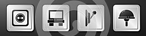 Set Electrical outlet, Fuse, Electrical panel and Light emitting diode icon. Silver square button. Vector