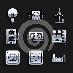 Set Electrical outlet, light switch, Power station plant and factory, in the USA, panel, Wind turbine and Light bulb